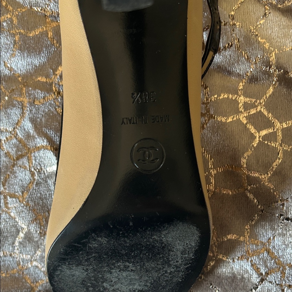CHANEL Beige and Black Cap-Toe Mary Jane Heels - Picture 8 of 9